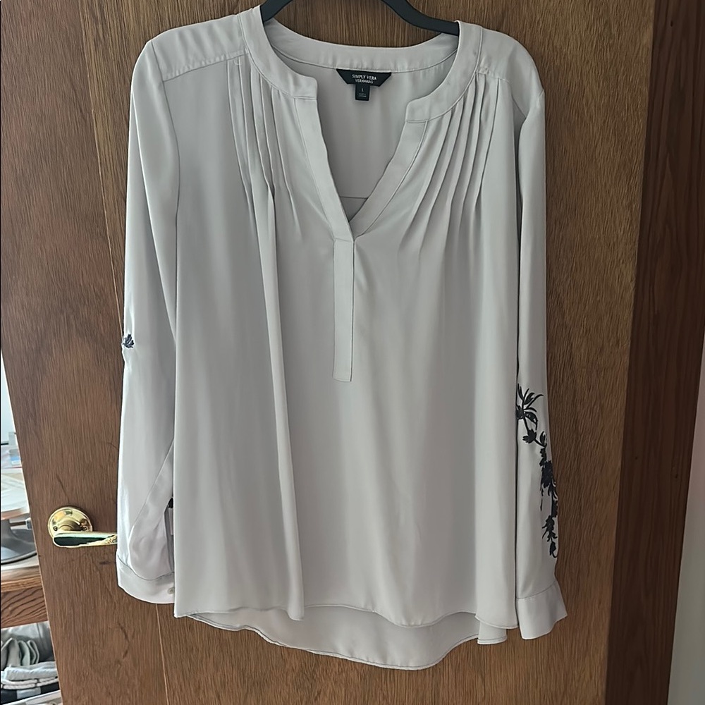 New York & Company Cream Blouse with Black Sleeve Detail